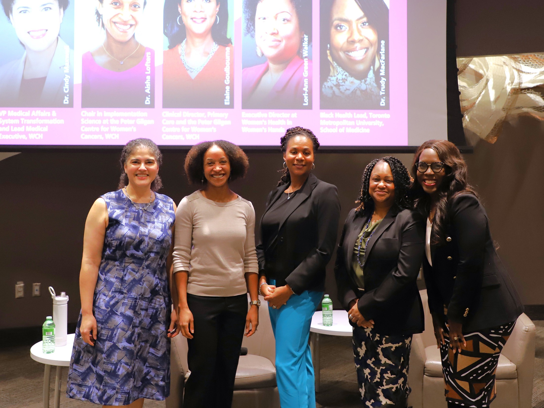 (left to right) Cindy Maxwell, Aisha Lofters, Elaine Goulbourne, Lori-Ann Green Walker & Trudy MacFarlane standing alongside each other smiling 